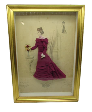 ancienne gravure mode habillée bleue cadre doré exposition universelle 1889